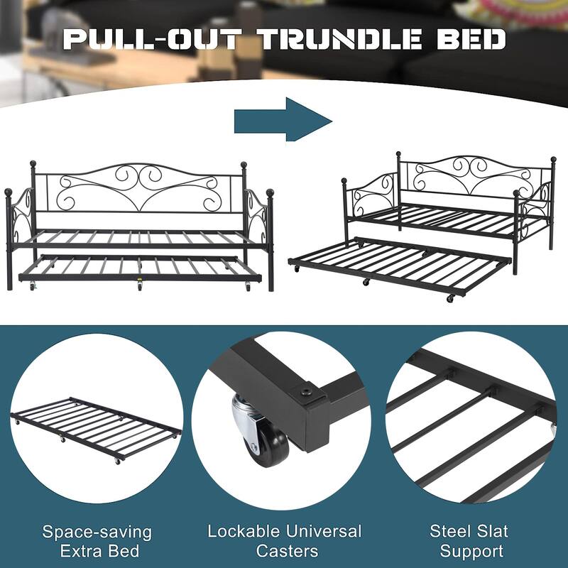 VECELO Daybed with Trundle Set Twin Size Space Saving Bed Frame Easy Assembly No Box Spring Needed