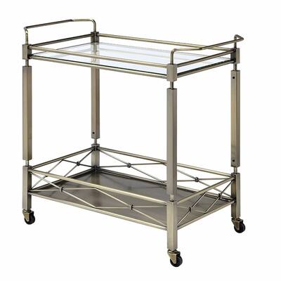 Metal Framed Serving Cart with Glass Top and Open Bottom Shelf, Antique Gold and Clear