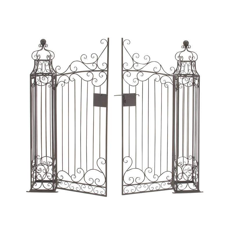 Dark Brown Metal Indoor Outdoor Scrollwork Arched Gate Garden Arbor with Pillars and Latch Lock Closure