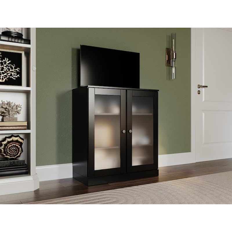 Palace Imports 100% Solid Wood TV Stand with Frosted Glass Doors for TVs up to 32" - Black