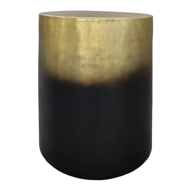 Dyan 20 Inch Side End Table, Round Drum Shape, Black Gold, Antique Brass Ombre