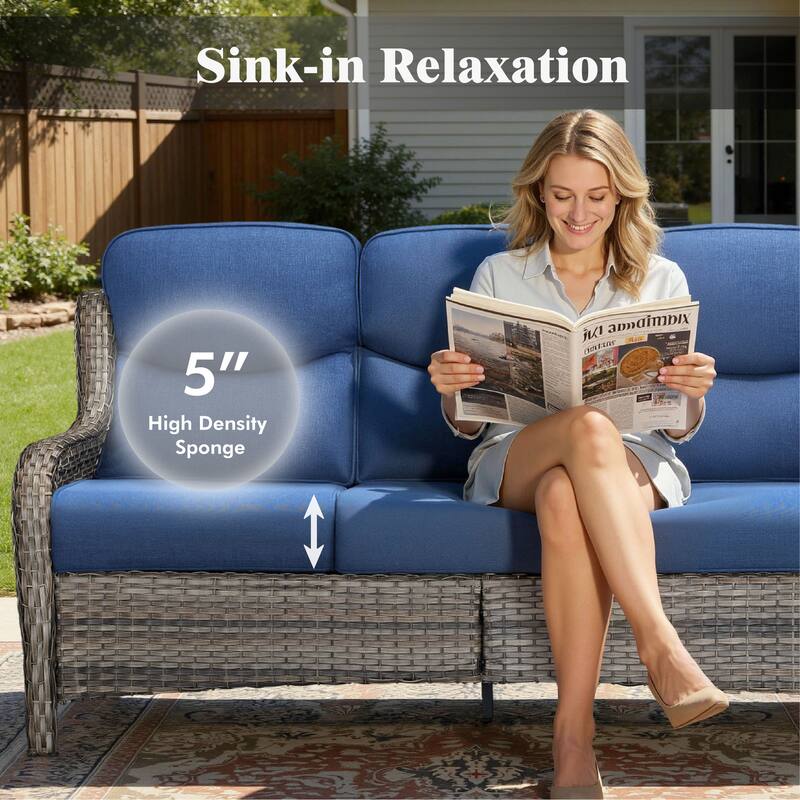 Meyreso 4-Piece Outdoor Patio Metal Fire Pit Wicker Conversation Set with 5-Inch Thick Olefin Cushions