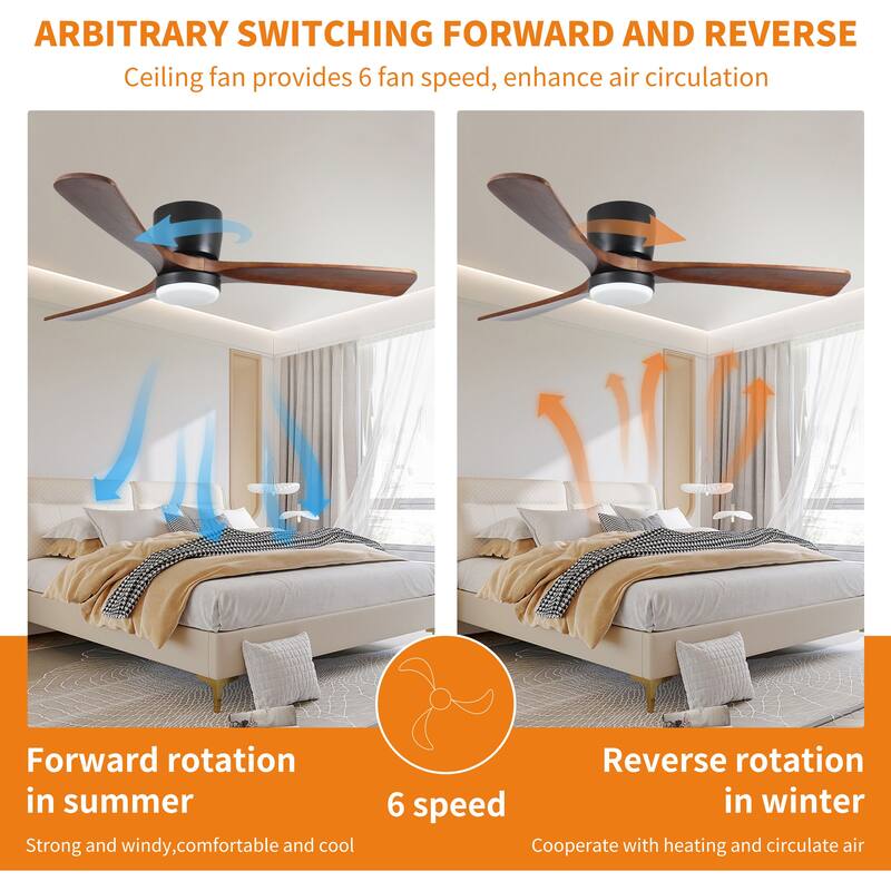 52"Solid Wood Ceiling Fan with Light Optional, 6-Speed Reversible DC Motor and Remote control,Smart Optional
