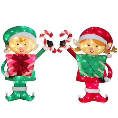 Puleo International Set of 2 Elf Couple with Gift Boxes and Candy Cane with 264 Multi-Color LED Lights - Red