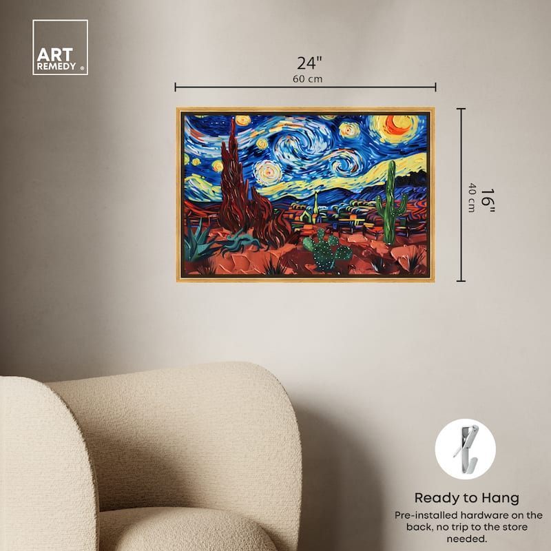 Art Remedy Desert Night Stars Framed Impressionism 1 Piece Canvas Wall Art /Monet And Van Gogh Inspired Art
