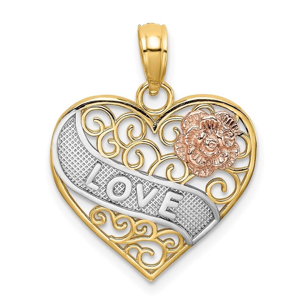 Diamond2Deal 14k Tri-Color Love Banner on Filigree Heart Charm, (L- 19. ...