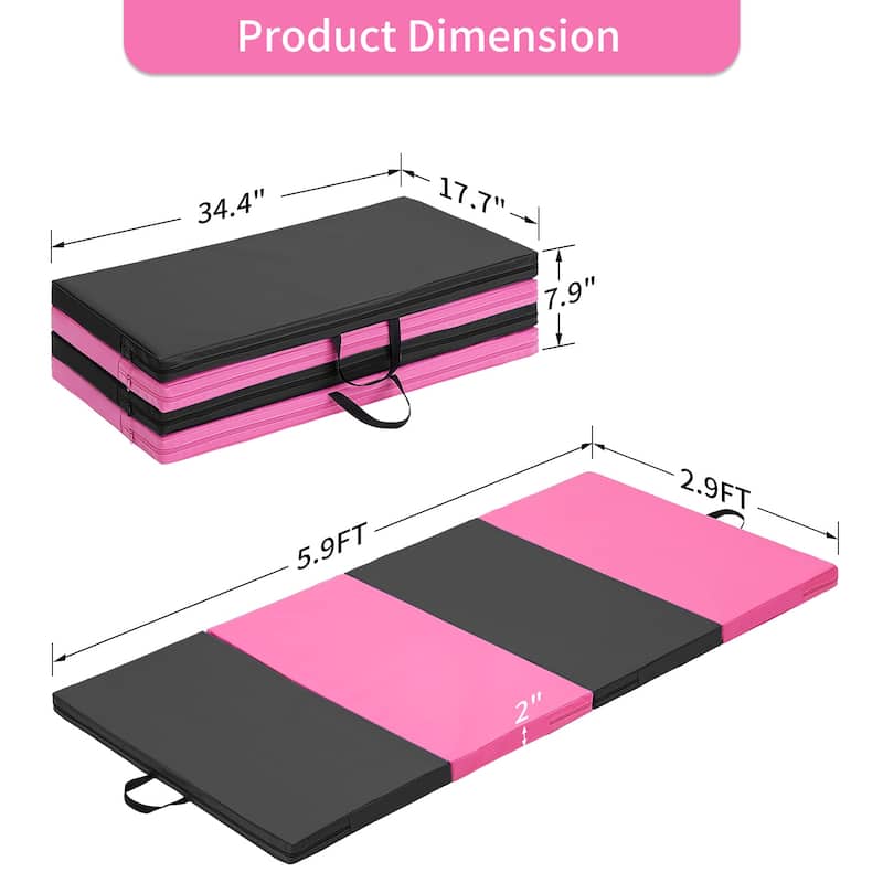 Zenova Gymnastics Mat 6' x 3' x 2" Four Fold Folding Exercise Mat with Carrying Handles - Pink+Black