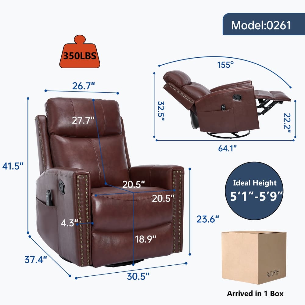 Genuine Leather Manual Recliner Chair with Heat & Massage, Adjustable Heavy Duty Reclining, Swivel Recliner Chair with Rocker