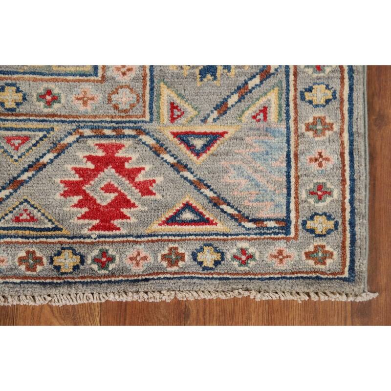 Gray Geometric Kazak Oriental Runner Rug Hand-Knotted Wool Carpet - 2'9" x 10'0"