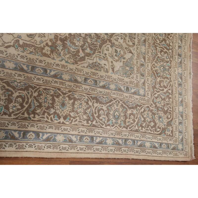 Hand Knotted Oriental 100% Wool Carpet Traditional Floral Beige & Ivories Mashad Area Rug - 11' 1'' X 8' 1''