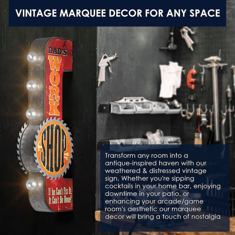 Metal LED Dad's Workshop Marquee Wall Sign - 25" x 7.5" x 3"