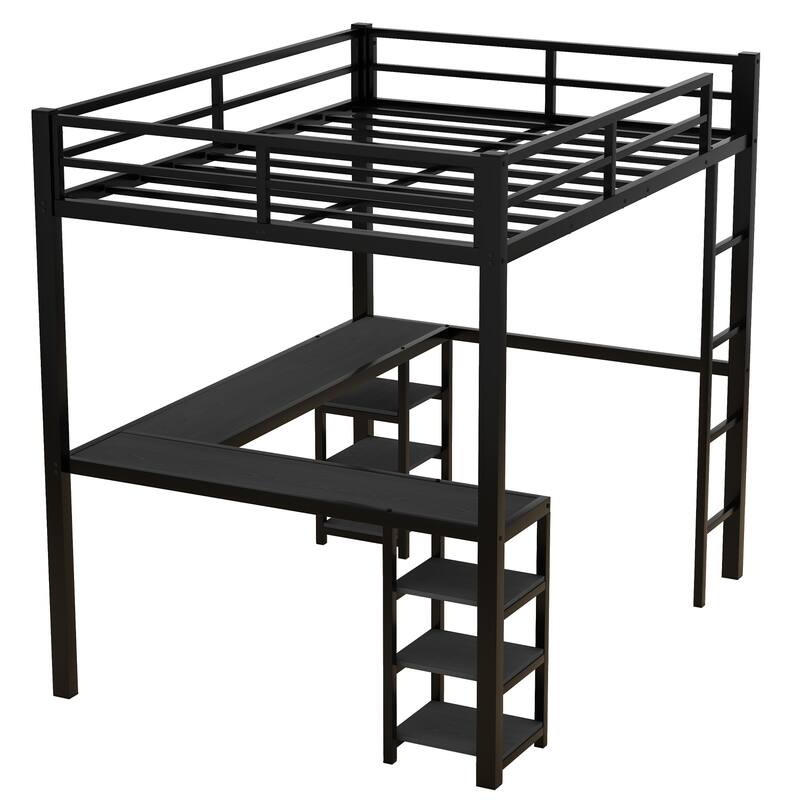 Black Full Size Metal Size Loft Bed with Desk and Shelves, Loft Bed with Ladder and Guardrails, Loft Bed Frame for Bedroom