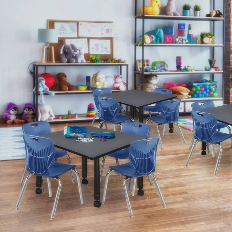 48 in. Square Height Adjustable Mobile Classroom Table - Grey & 4 12-in Stack Chairs- Navy Blue