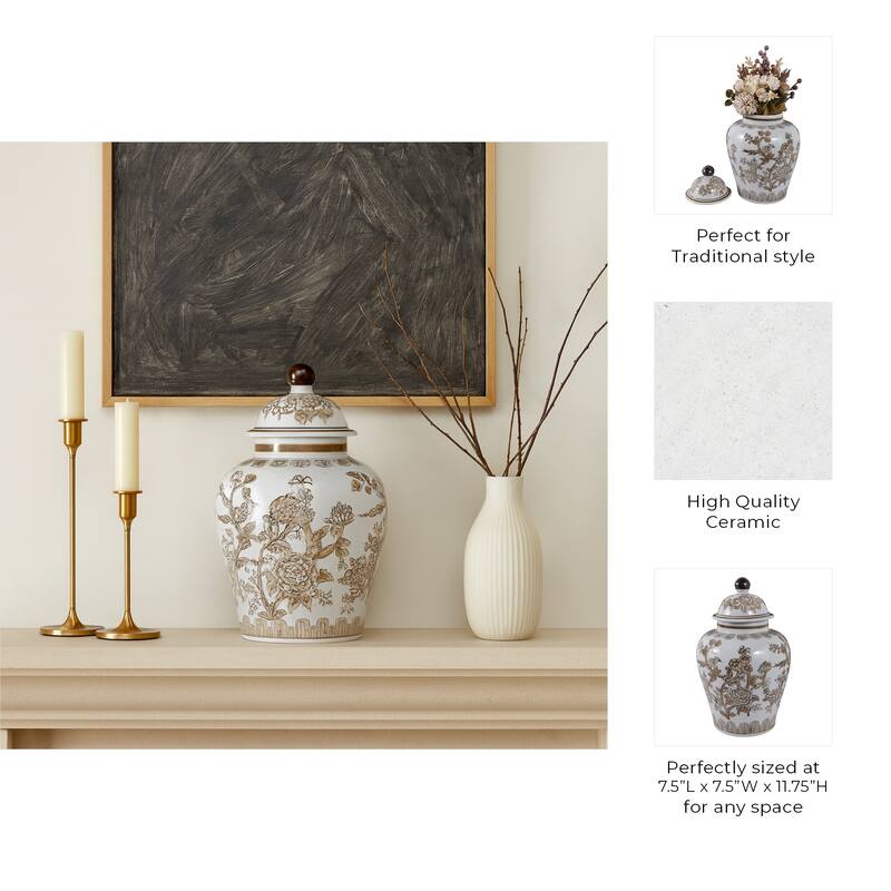 Decorative Chinoiserie Temple Jar - White & Brown, 12"