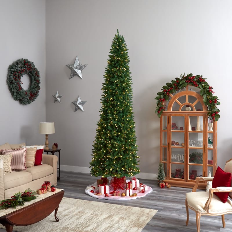 11ft. Slim Pine Artificial Christmas Tree with 950 Clear LED Lights & 2836 Branches - Towering Holiday X-Mas Showpiece