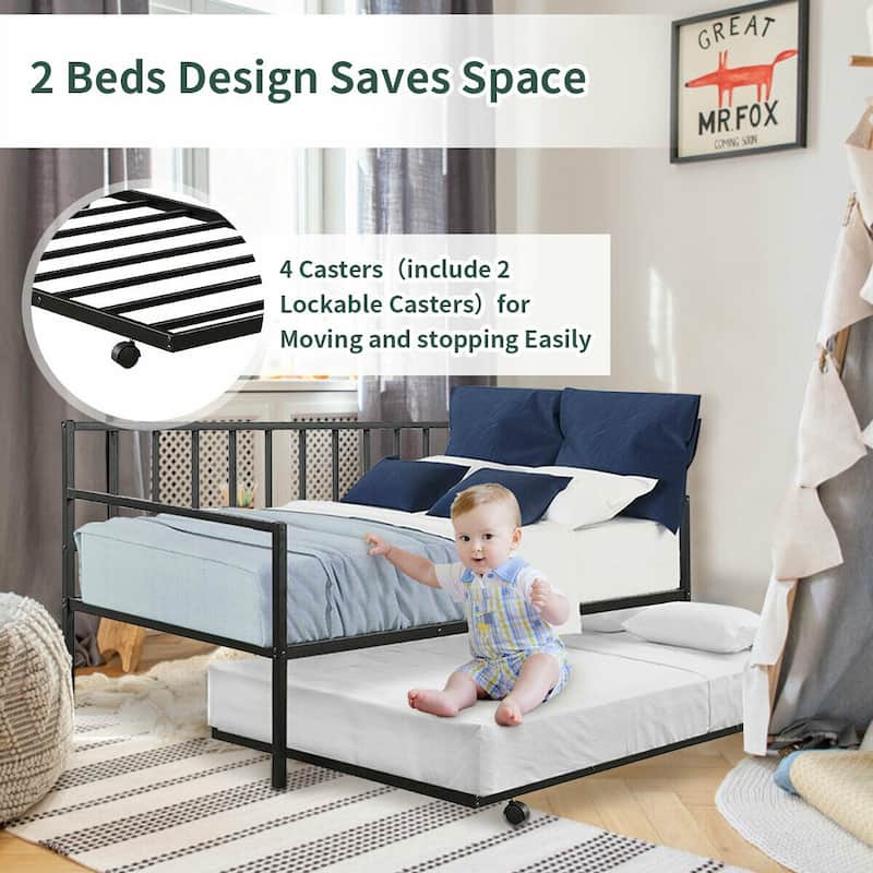 Gymax Twin Trundle DayBed w/ 4 Casters Mattress Platform Bed Sofa