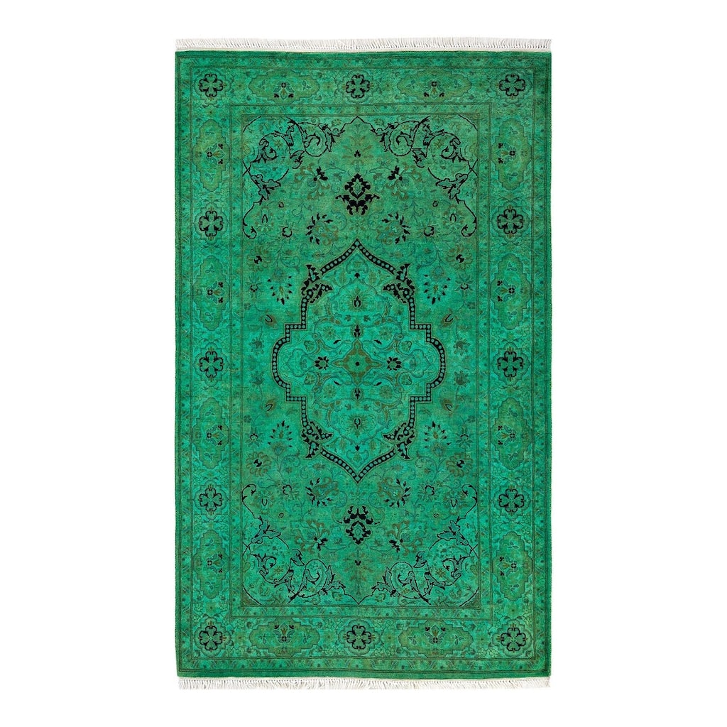 Overton Hand Knotted Wool Vintage Inspired Modern Contemporary Overdyed Green Area Rug - 3' 2" x 5' 2"