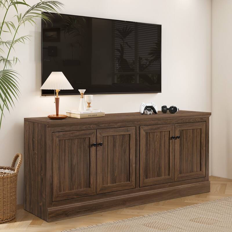 72" Sideboard Cabinet with 4 Doors, Minimalist TV Stand with 2 Compartments for Living Room, Dark Walnut