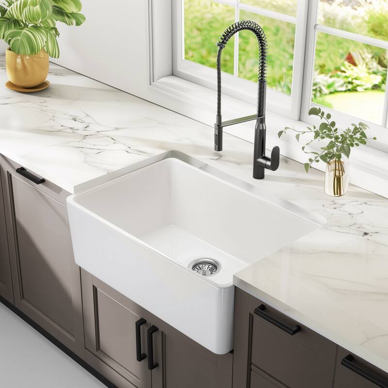 Farmhouse Sink for Small Kitchen and Laundry, Apron Front Porcelain Ceramic Sink Single Basin with Bottom Grid and Strainer - Antique White