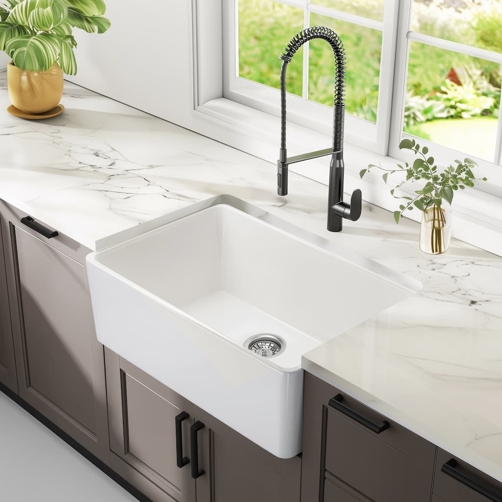 Farmhouse Sink for Small Kitchen and Laundry, Apron Front Porcelain Ceramic Sink Single Basin with Bottom Grid and Strainer