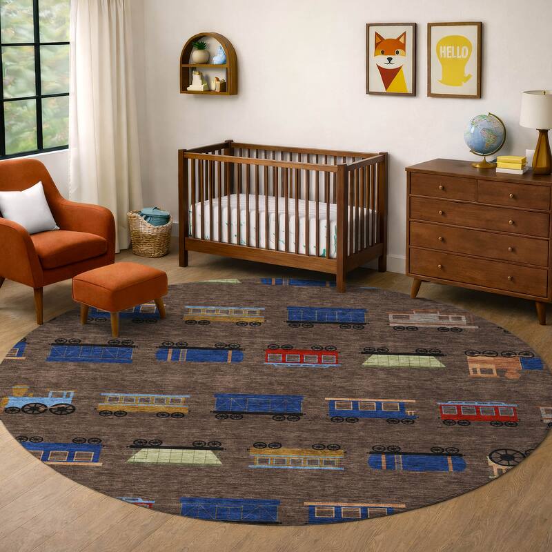 Machine Washable Indoor/ Outdoor Modern Train Chantille Rug