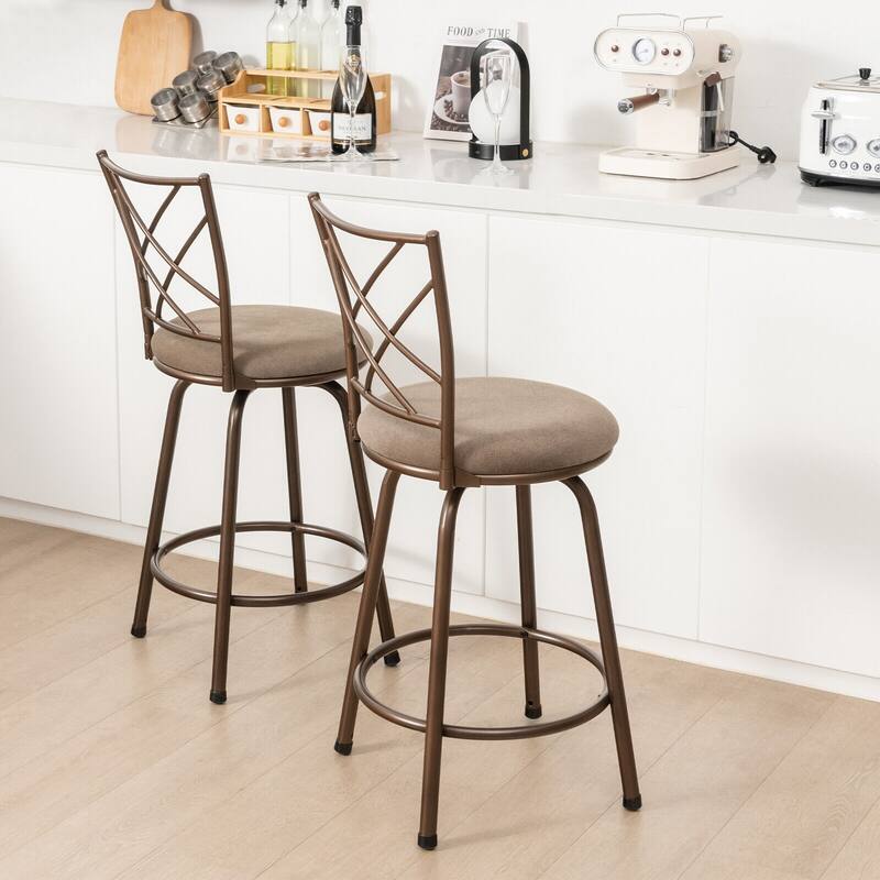 2 Pieces Swivel Pluch Fabrice Cushioned Bar Stool Set-Brown - 18" x 16" x 41.5" (L x W x H)