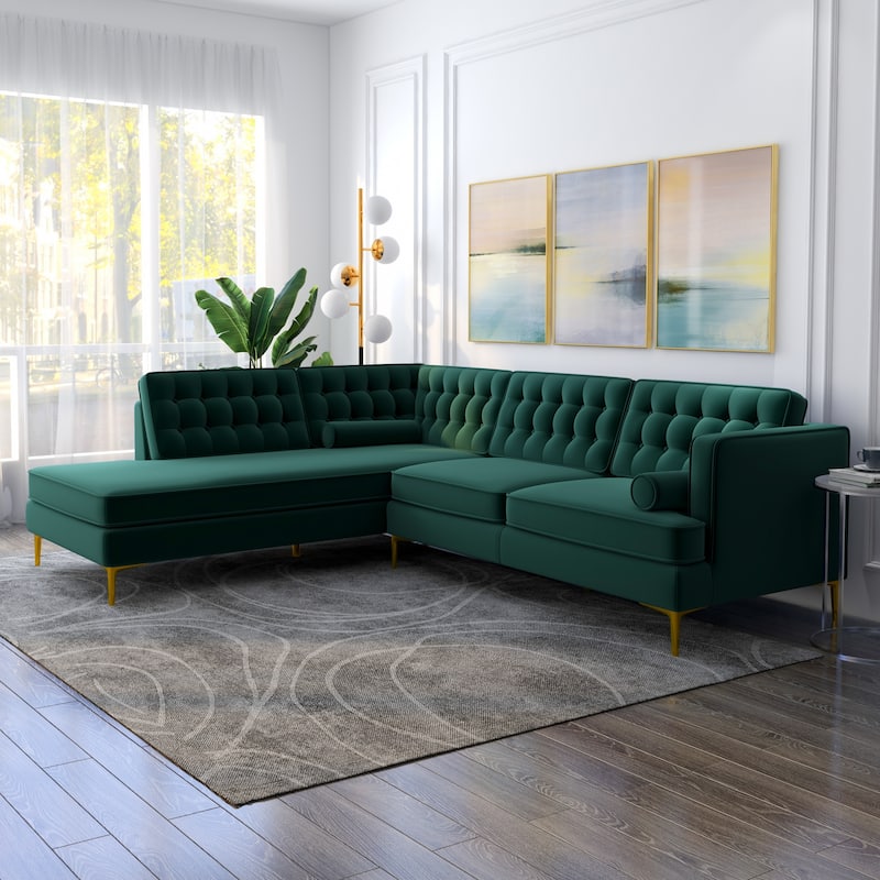 Caterina Velvet Modern Tufted Living Room Corner Sectional Sofa in Dark Green