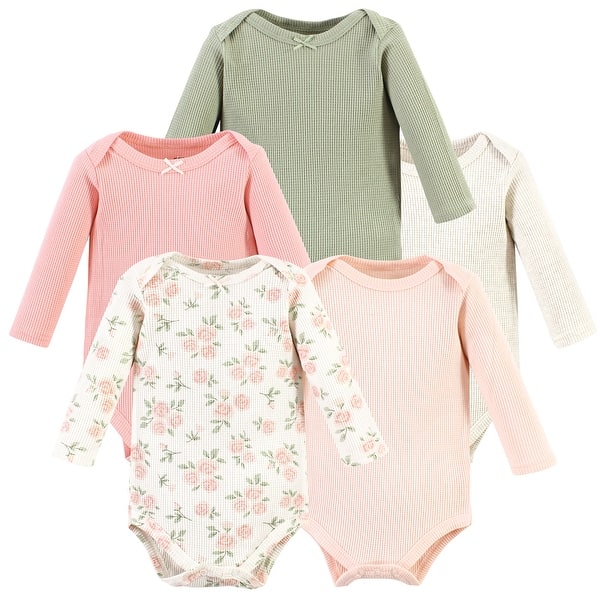 slide 1 of 1, Hudson Baby Infant Girl Thermal Long Sleeve Bodysuits, Soft Pink Sage Rose 0-3 Months - Soft Pink Sage Rose