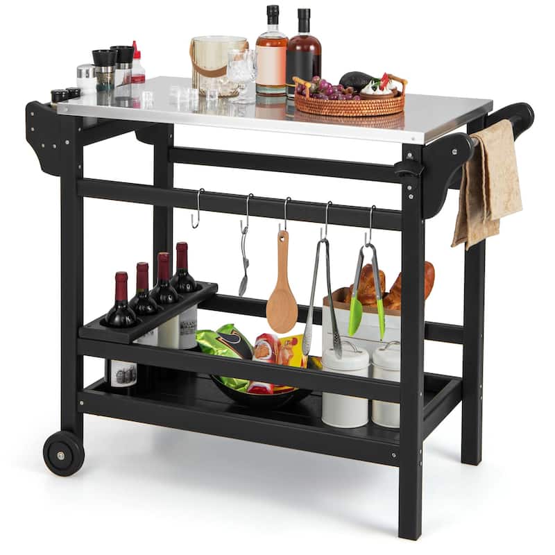 Costway Movable Outdoor Dining Cart Table with Stainless Steel - See Details - Black - See Details