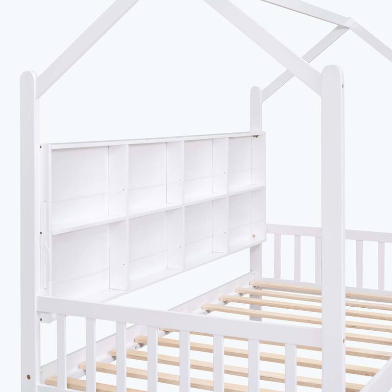 Comfortable Wooden House Bed with 2 Drawers,Kids Bed with Storage Shelf