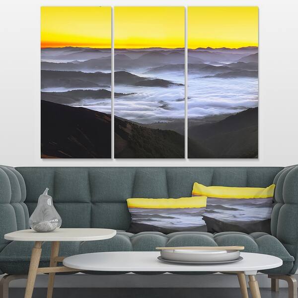Yellow Sky and Foggy Mountains - Landscape Wall Art Canvas Print ...