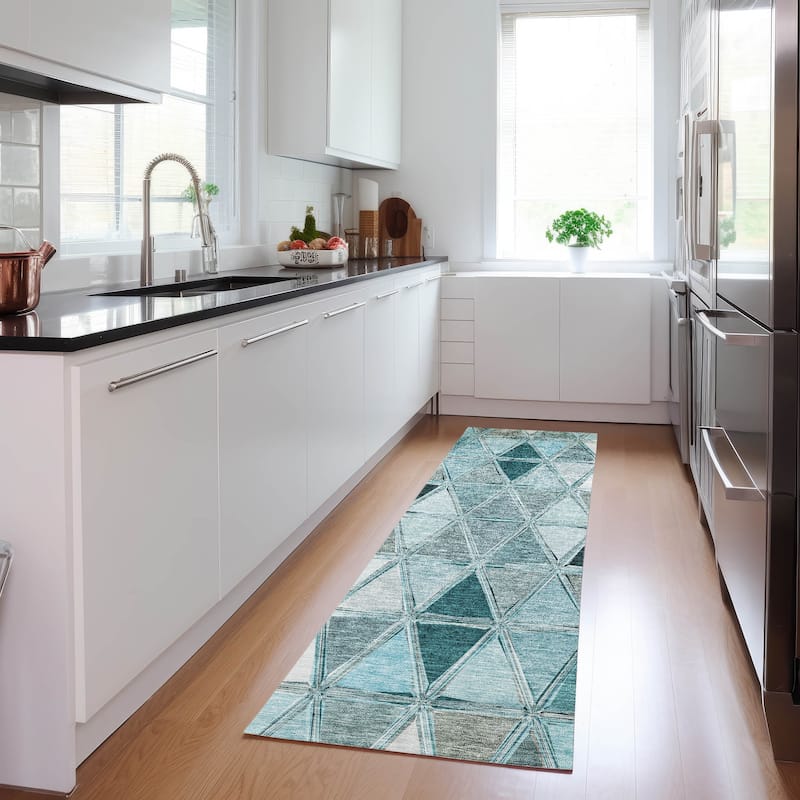Machine Washable Indoor/ Outdoor Chantille Modern Diamonds Rug - Teal - 2'3" x 7'6"