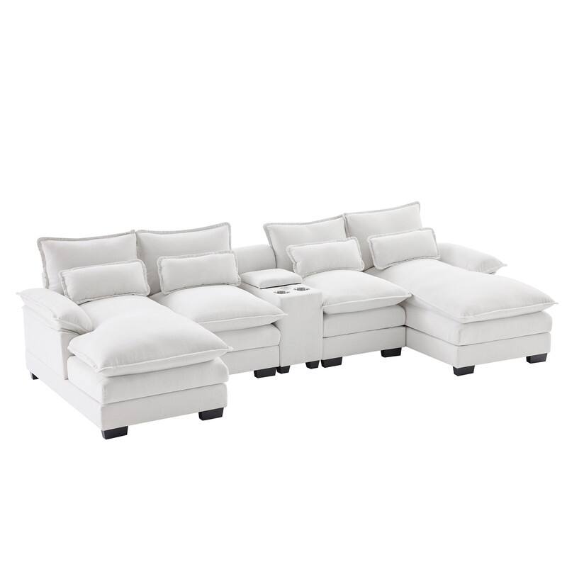 123'' Modern U-Shaped Sofa with Console, Cup Holders and USB Ports