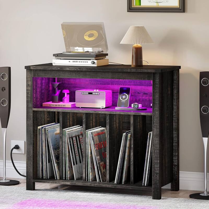 Moasis Record Player Stand, Vinyl Record Storage with Power Outlets and LED Lights, Holds Up to 130 Albums - Rustic Oak