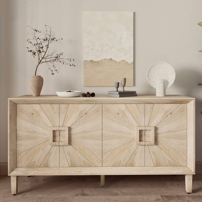 60'' Premium Rustic American Farmhouse Credenza - Symmetrical Sunburst Door Design, Heavy-Duty Antique Wood TV Stand - Natural