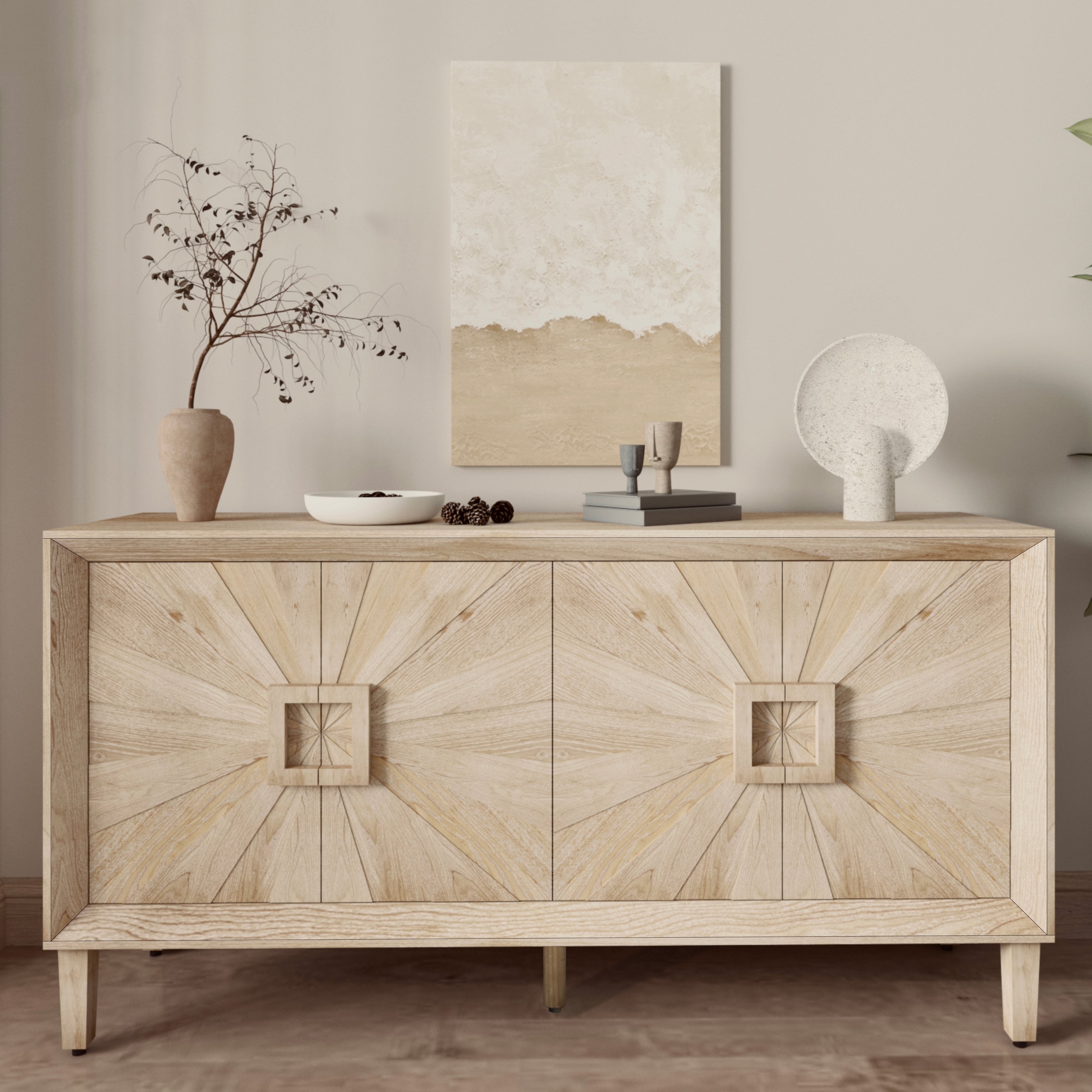 Rustic American Farmhouse Credenza - Symmetrical Sunburst Door Design,TV Stand with Adjustable Shelves, Storage Cabinet