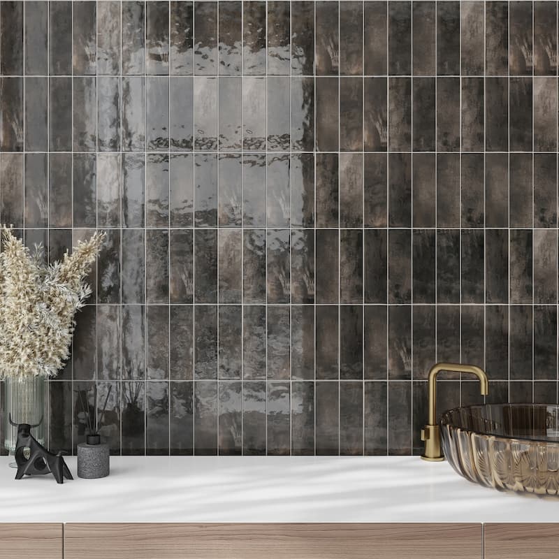 Apollo tile 2.5" x 8" Antiek Glossy Black Ceramic Tile (5.38 sq ft/case) - 38 Pack
