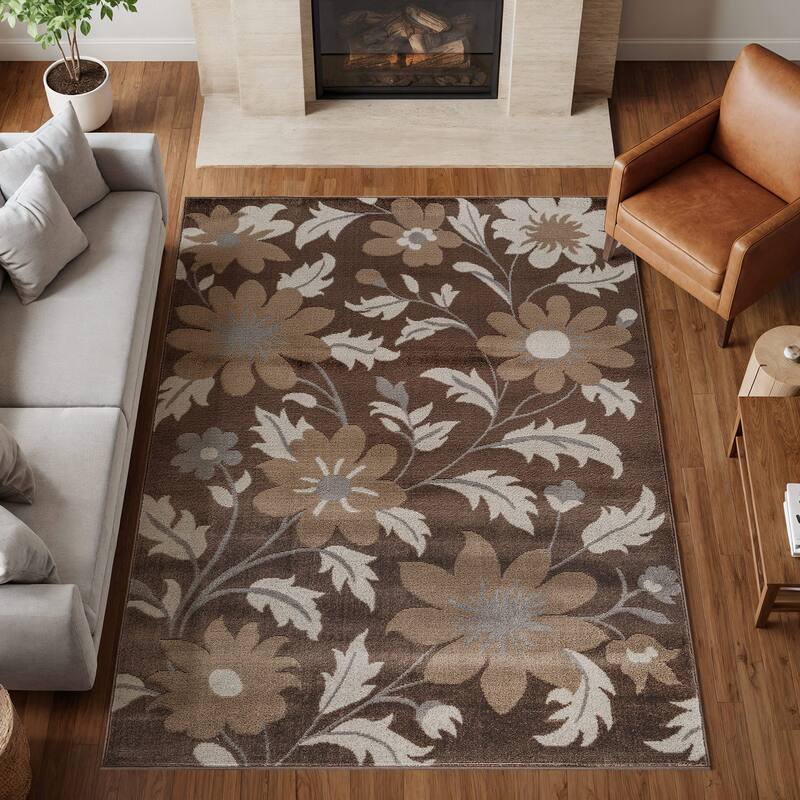 Contemporary Floral Area Rug for Living Room, Bedroom, or Entryway - Low Pile Indoor Rug