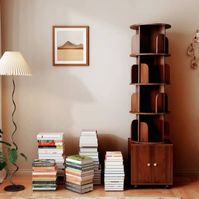 Rotating Bookshelf,360 Degree Display 5 Tier Corner Bookshelf With Drawer For Small Space, Floor Standing Bookcase Storage Rack