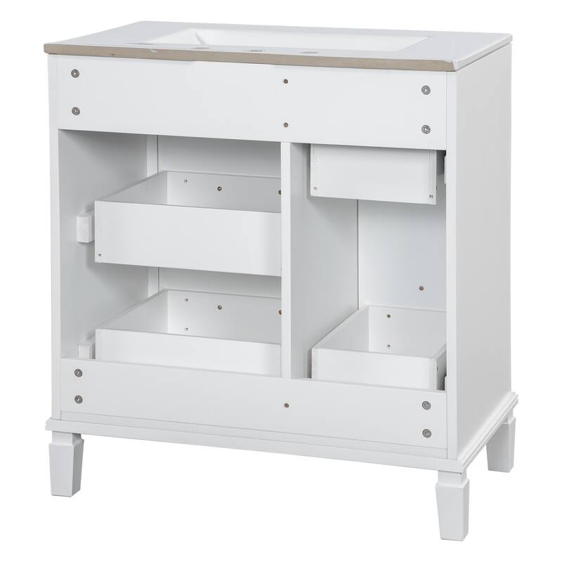30" Bathroom Vanity with Ceramic Sink, Flip-Out Drawer, Soft Close Doors & Drawers Cabinet with Solid Wood Legs
