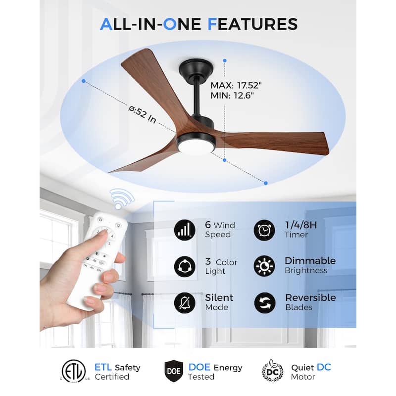 52"or 62" Diammable Ceiling Fan with Light,DC Motor and Remote