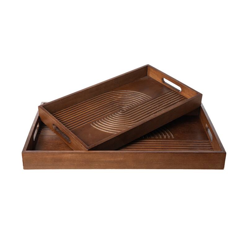 Glitzhome Set of 2 Rectangle Wood Abstract Carved Decorative Trays with Handles