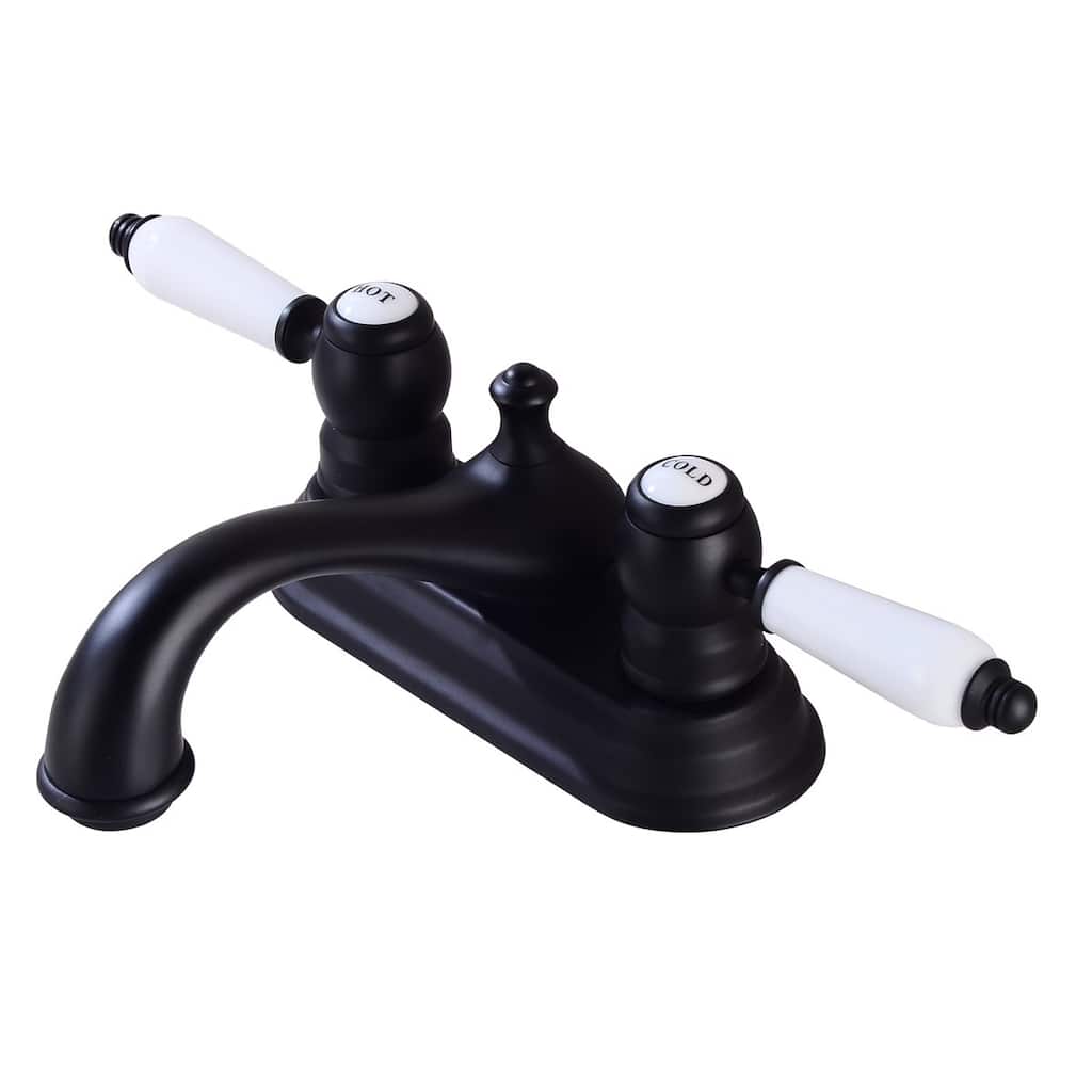 Black Polished Centerset Bathroom Sink Faucet 4" L Brass Lux Belle White Double Handles Labeled Hot and Cold Renovators Supply