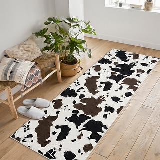 Cow Print Area Rug Bohemian Cowhide Pattern Natural Jute Round Rug for Living Room Bedroom