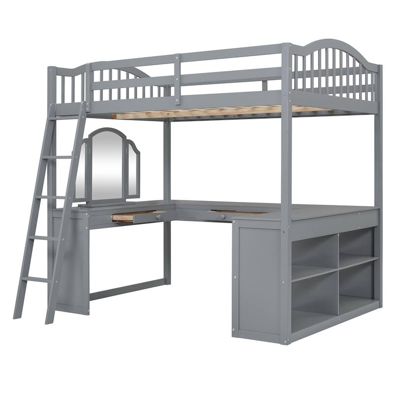 Full Wooden Loft Bed with U-shaped Desk,Storage Compartments and Tri-fold Mirror, Gray