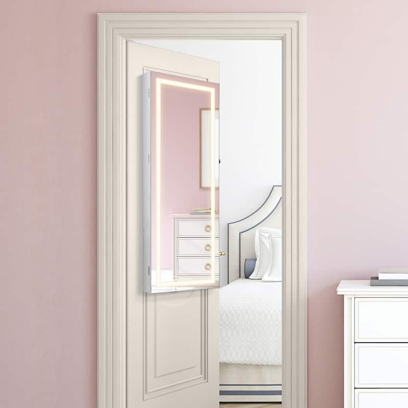 Gymax LED Mirror Jewelry Cabinet Wall/Door Mounted Organizer Armoire
