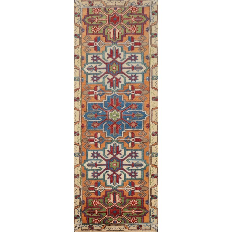 Hand Knotted Oriental 100% Wool Carpet Traditional Geometric Oranges & Rust Kazak Runner Rug - 8' 4'' X 2' 6''