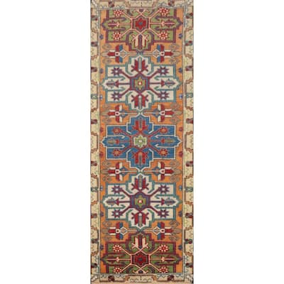 Hand Knotted Oriental 100% Wool Carpet Traditional Geometric Oranges & Rust Kazak Runner Rug - 8' 4'' X 2' 6''