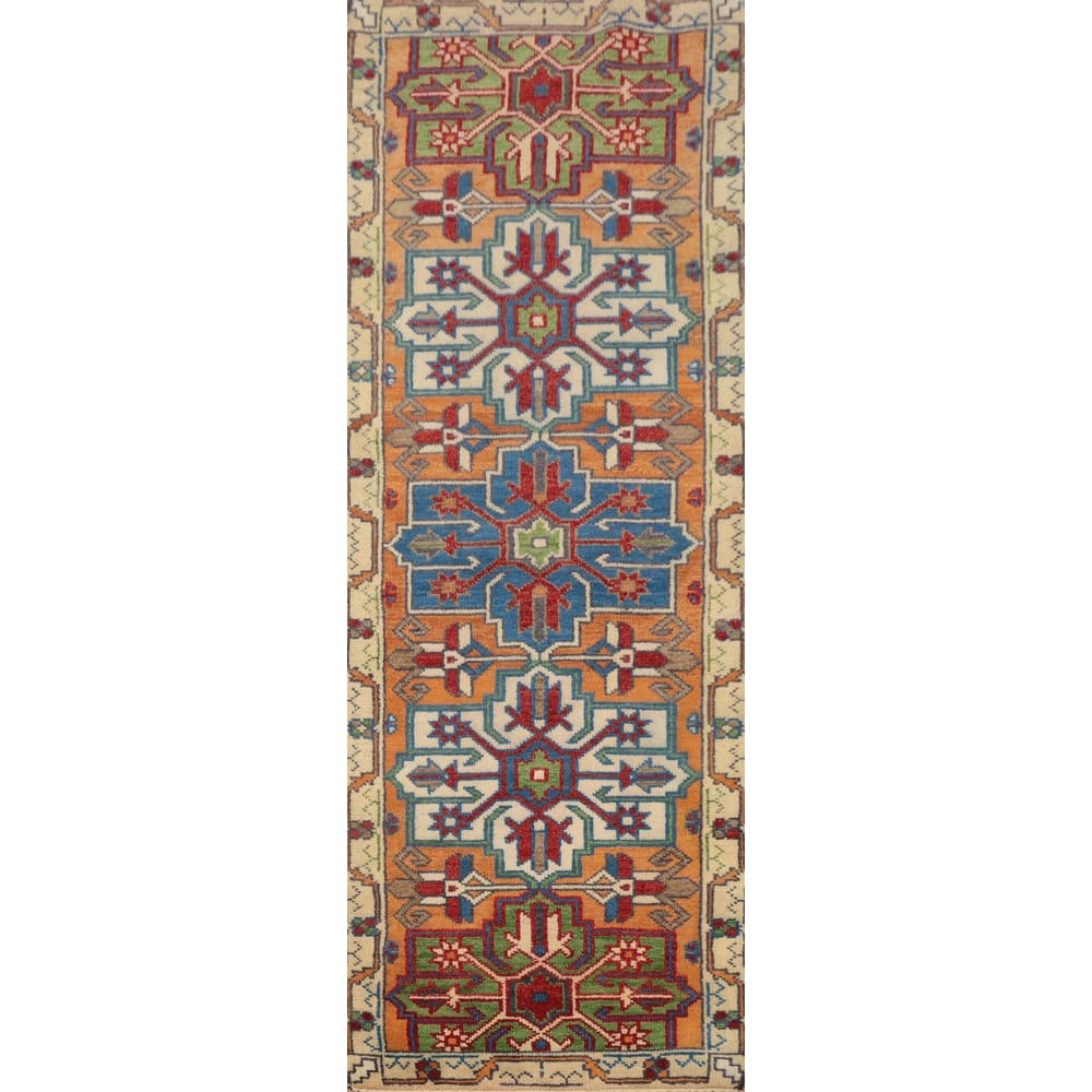 Hand Knotted Oriental 100% Wool Carpet Traditional Geometric Oranges & Rust Kazak Runner Rug - 8' 4'' X 2' 6''