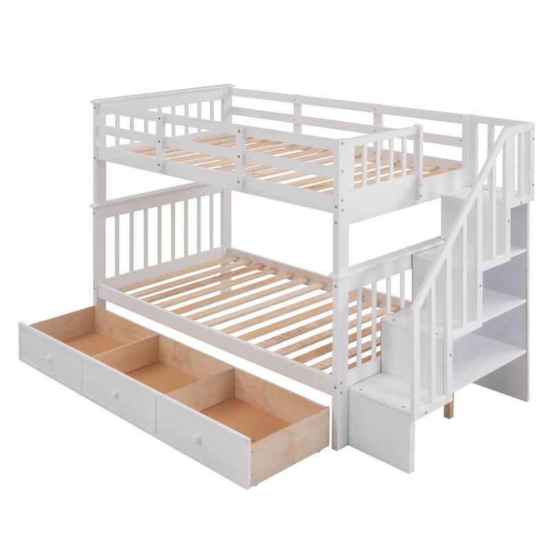Twin-Over-Twin Bunk Bed with Stairs and Three Drawers, White - Space-Saving Bedroom Solution